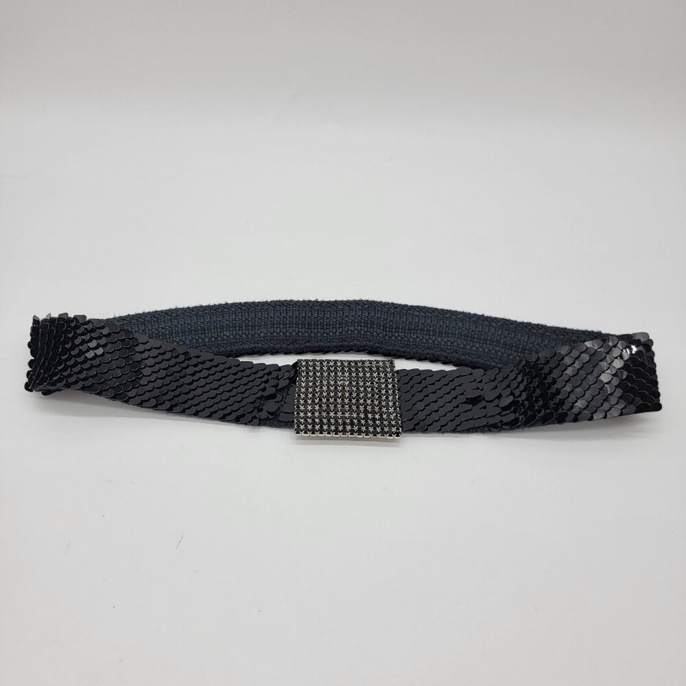 Vintage Womens Black Belt Sequins 80s Belt Disco Party Evening Bling Buckle READ